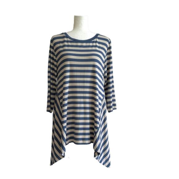 Mountain Mamas Tunic Top Blue Taupe Stripe 3/4 Sleeve Handkerchief Hem Size L/XL - Picture 1 of 9